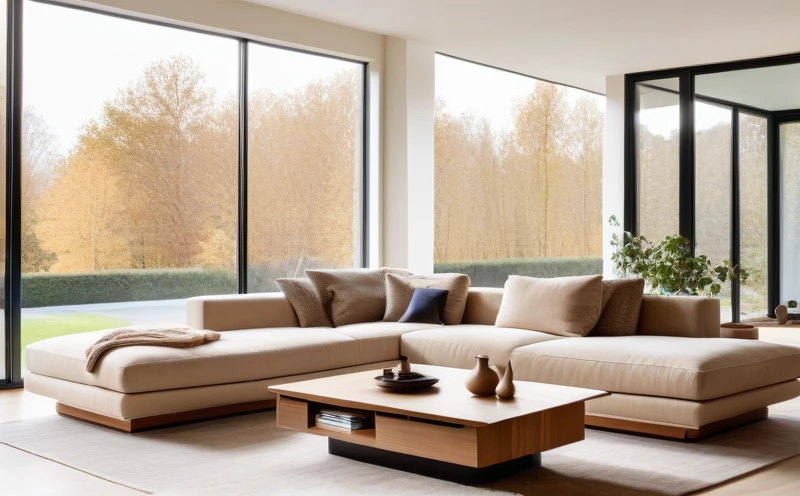 A spacious modern living room featuring a stylish beige sofa with clean lines, a wooden coffee table, and warm natural light streaming through large windows
