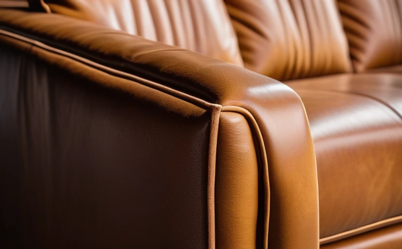 A detailed close-up of a modern sofa's armrest showing fine leather grain, neat stitching, and a polished metal base