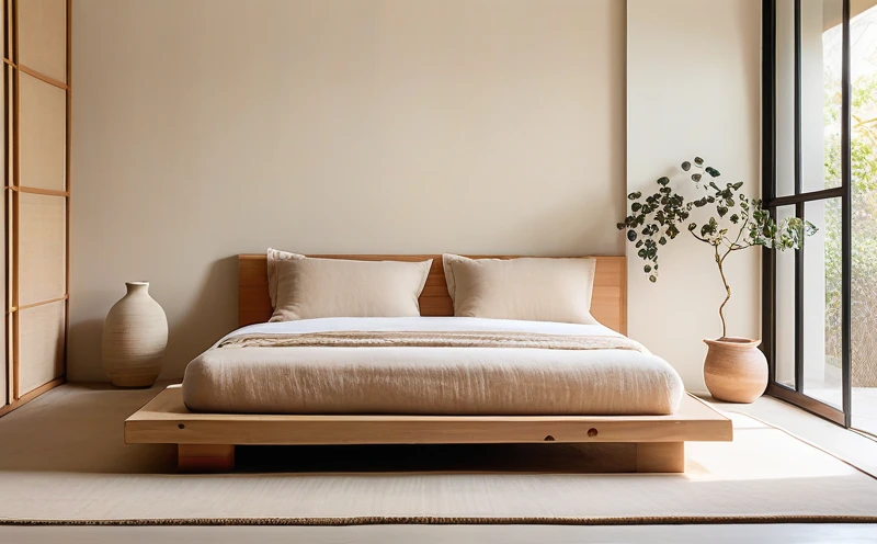 A serene Japandi-style bedroom featuring a low-profile wooden bed with soft linen bedding and a neutral colour palette