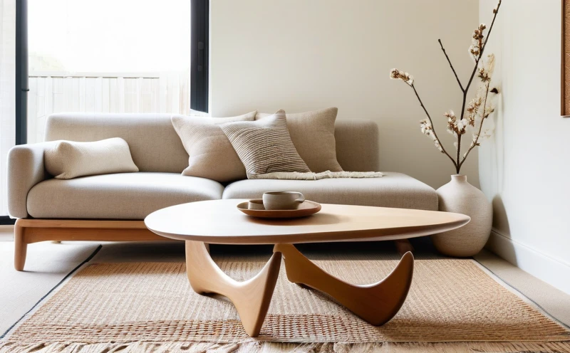 A bright living room with a Noguchi-style coffee table and a Wishbone-style chair in a Japandi style setting