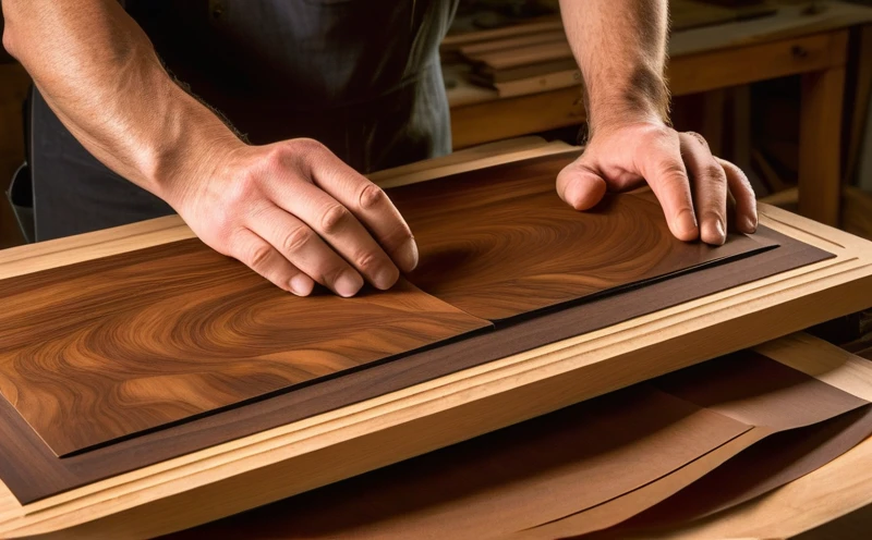 Skilled craftsman matching walnut veneer sheets on a workbench, showing the book-matching technique where grain patterns mirror each other