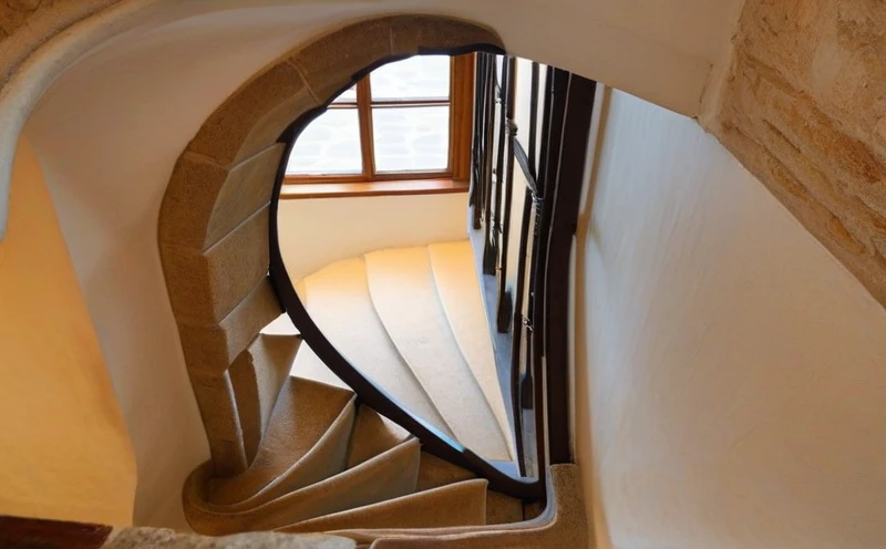 Escalier en pierre étroit et sinueux dans un bâtiment historique européen