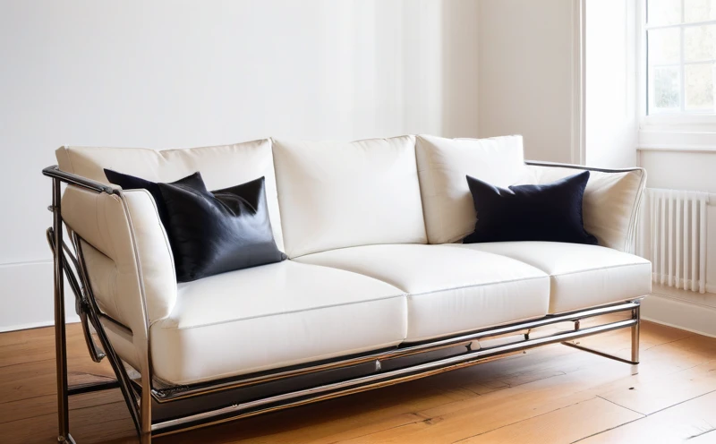 Close-up of the LC2 style sofa's tubular steel frame and leather cushions.