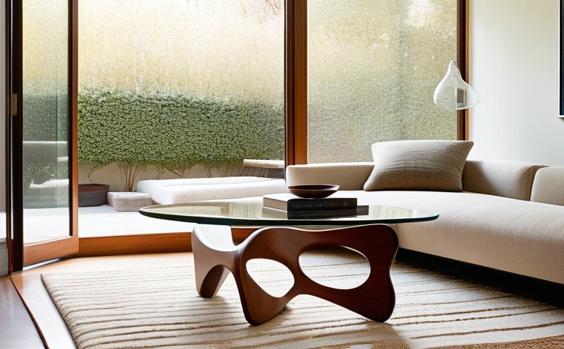 Noguchi style coffee table in a bright living room with the glass top reflecting natural light and the wooden base creating a sculptural anchor