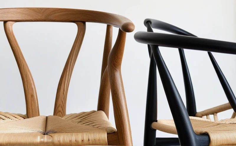 A close-up split-scene showing three different Wishbone chair wood finishes: light oak, dark walnut, and a painted black version. The image highlights the texture of the wood grain and the weaving of the paper cord.