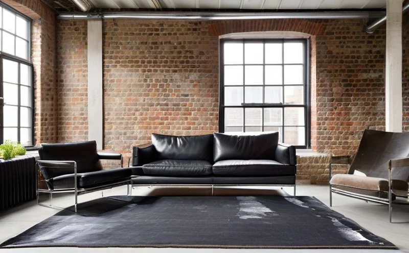 A modern living room featuring a sleek LC2-inspired sofa with a visible steel frame, set against a backdrop of exposed brick and a minimalist concrete floor.